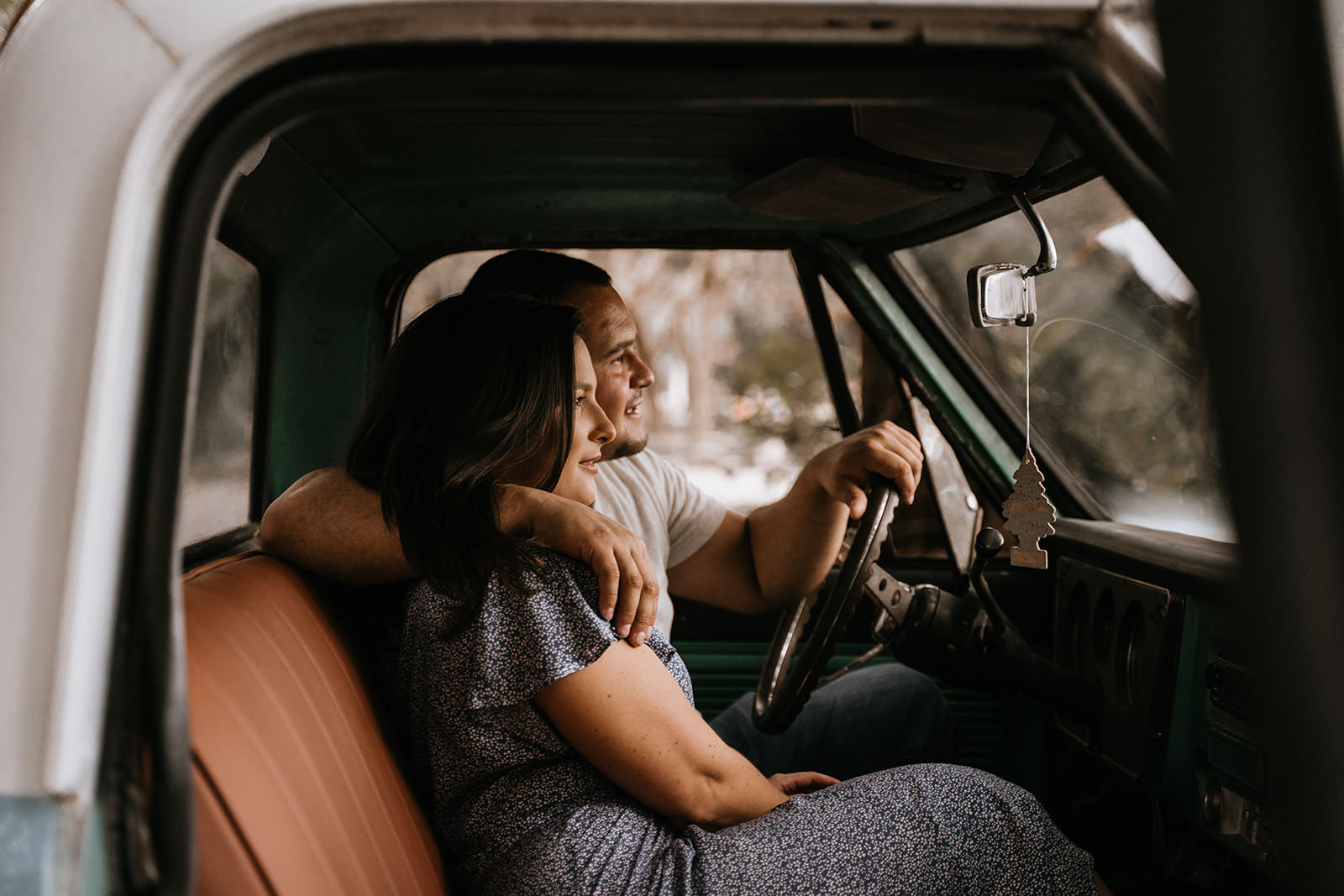 Natalie & Chris's Matheson Hammock Park Engagement Session | Couples engagement session in car photographed by Florida Photography Team